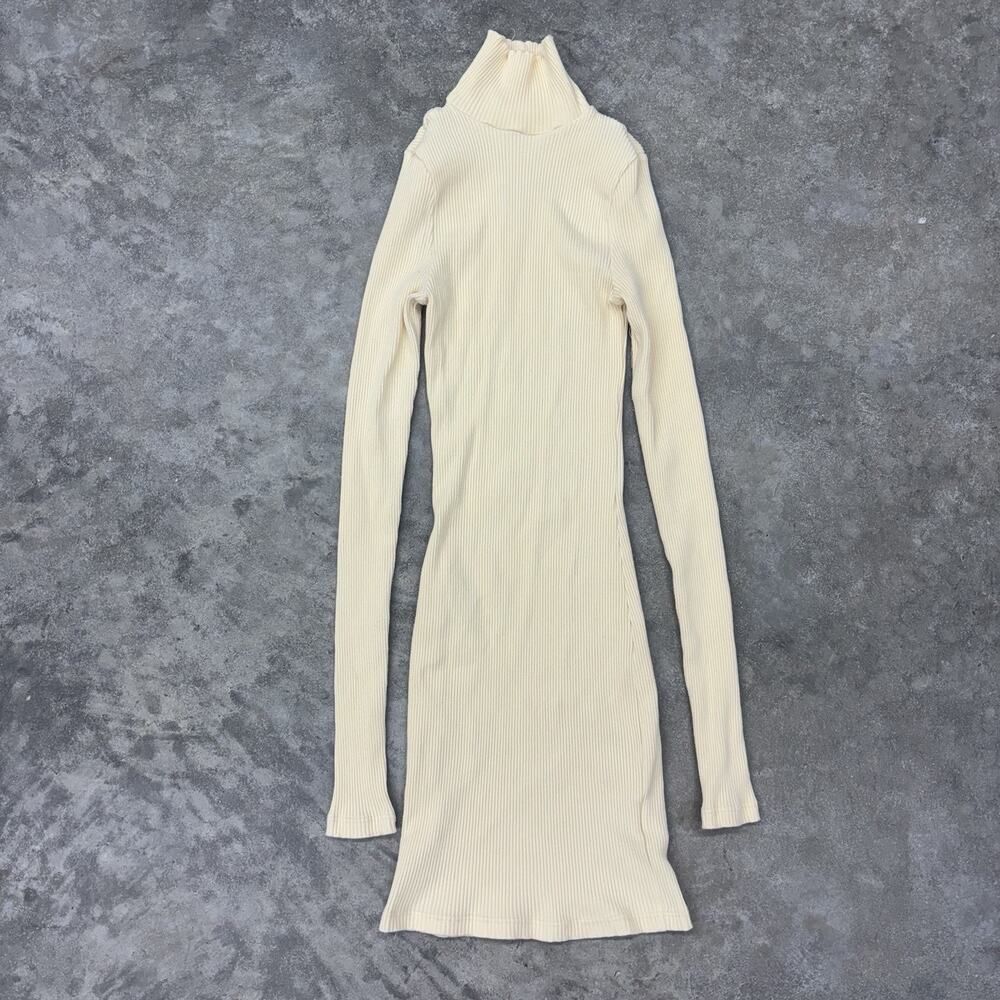 Free People Ribbed Cream Midi Turtleneck Dress